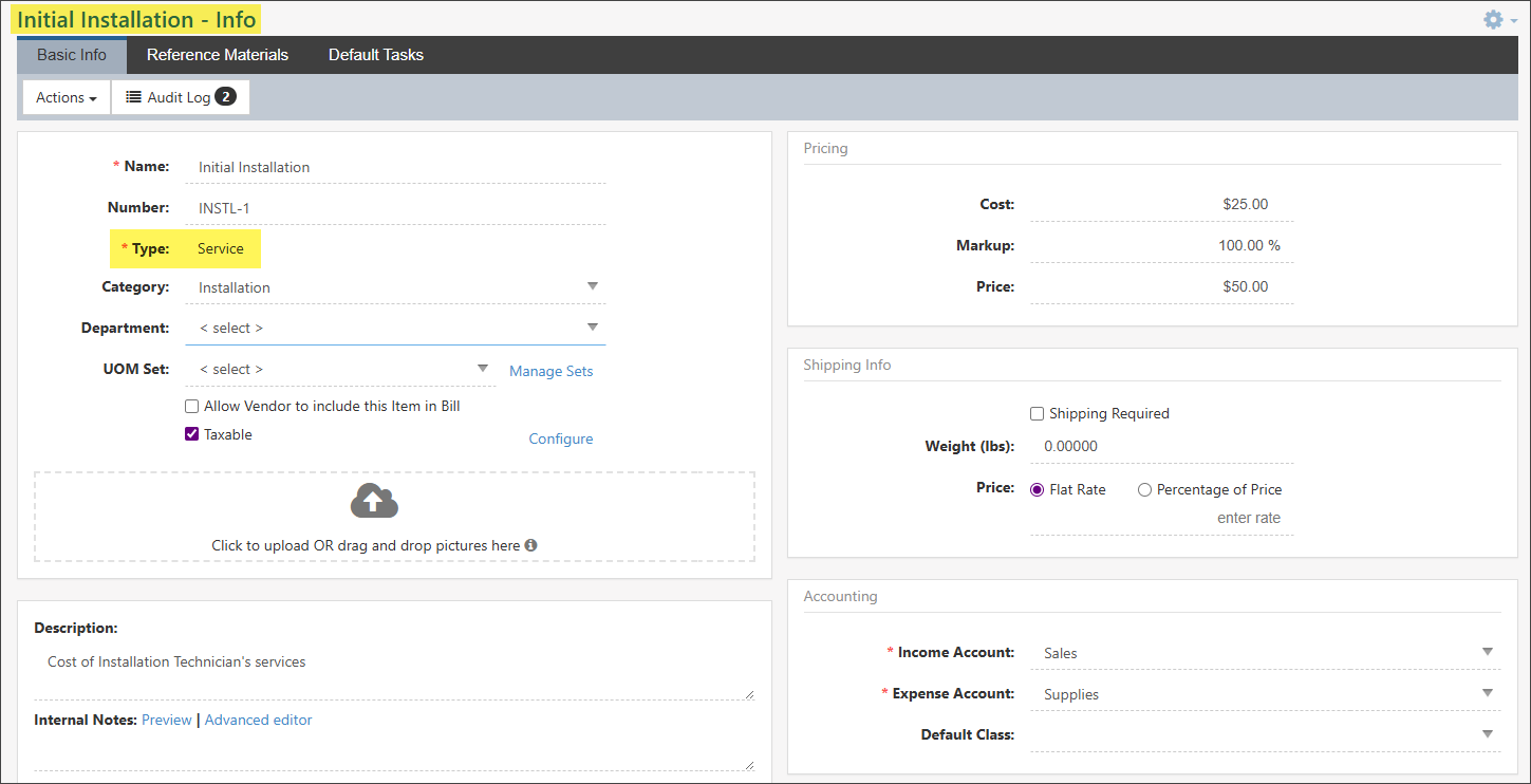 Example of a Service type item in Striven