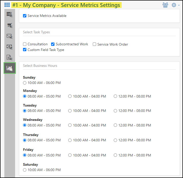 Image of the Service Metrics Settins Page at the Customer Level