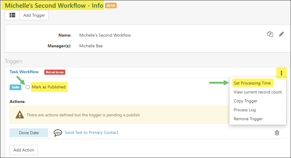 Set Processing Time options for Action on Trigger