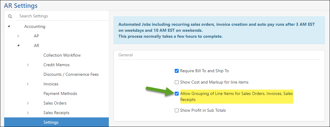 Setting for Line Item Grouping on AR Settings Page