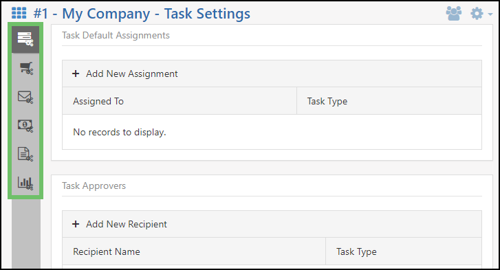 Image of the Customer Vendor Settings page highlighing the the Settings Sections