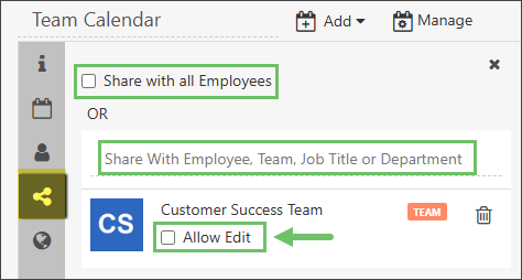 Options for sharing a calendar including share with all employees or share with employee, team, job title, or division with edit access option