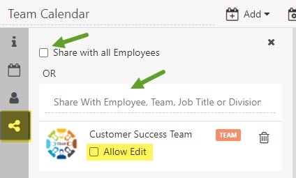 Options for sharing a calendar including share with all employees or share with employee, team, job title, or division with edit access option