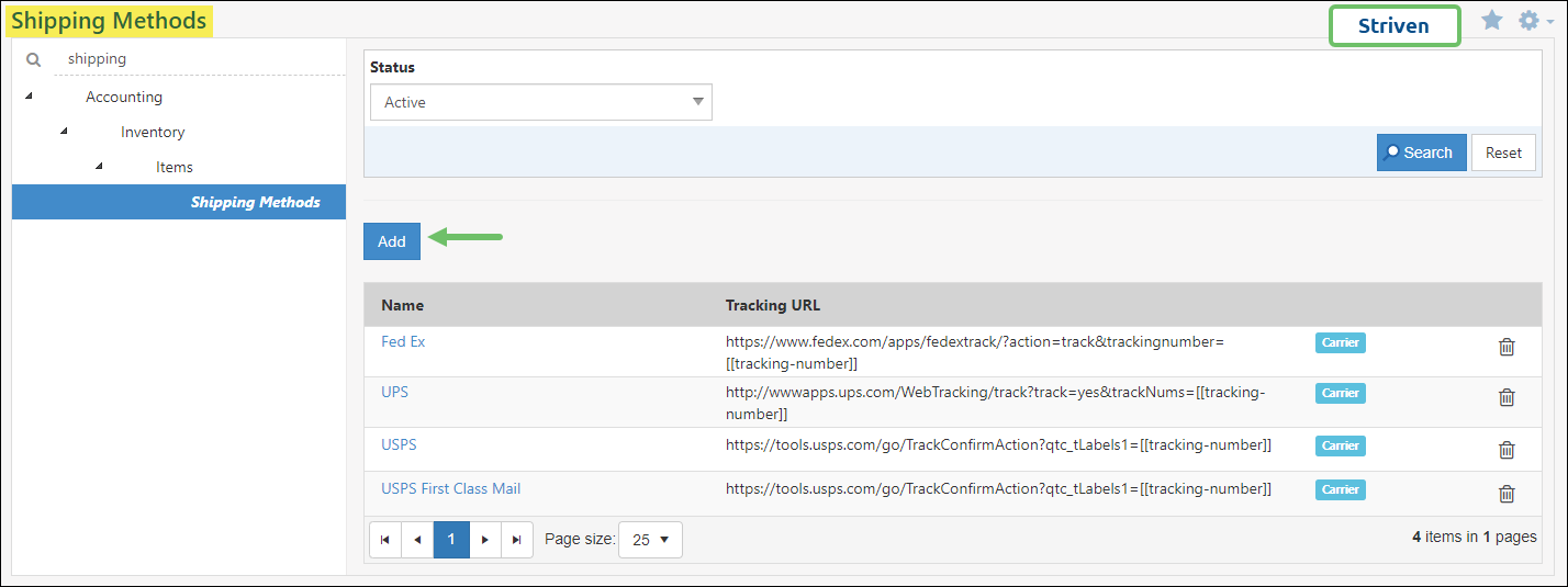 Shipping Methods settings in Striven