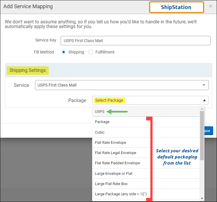 Shipping Settings for Package in ShipStation