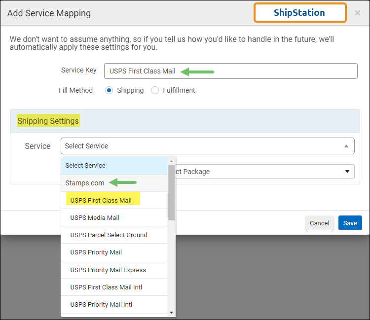 Shipping Settings for service in ShipStation
