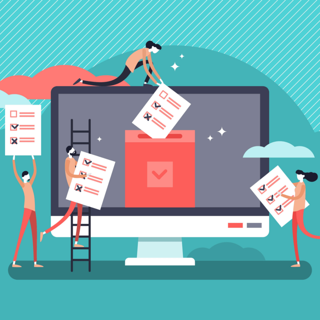 4 characters completing a survey