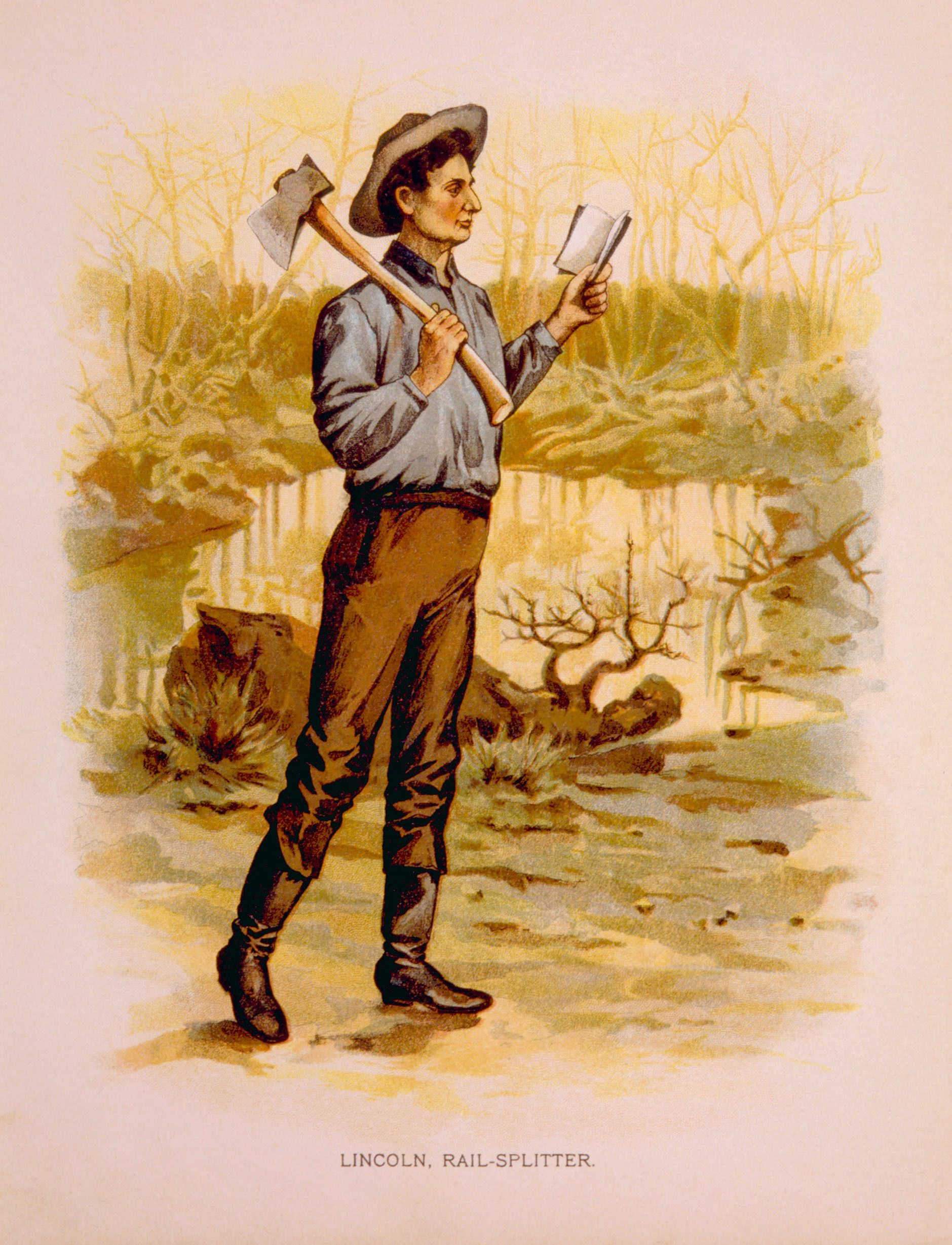 Abraham Lincolns stands with axe