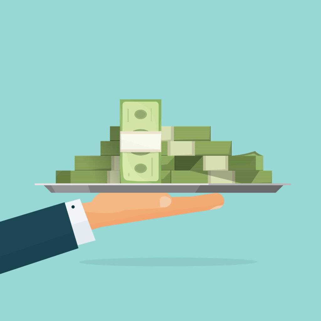 Businessperson's hand holding tray with big pile of money