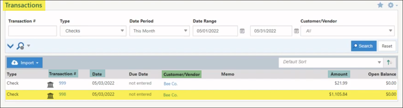 Transaction List showing result for Online Banking Transaction