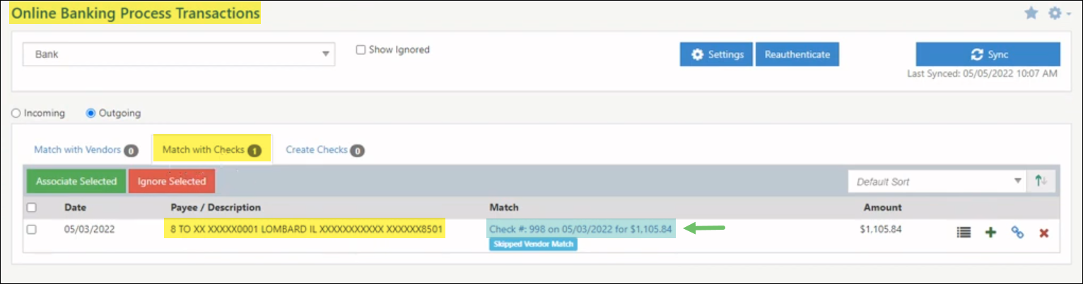 Vendor Matched for Online Banking Transaction