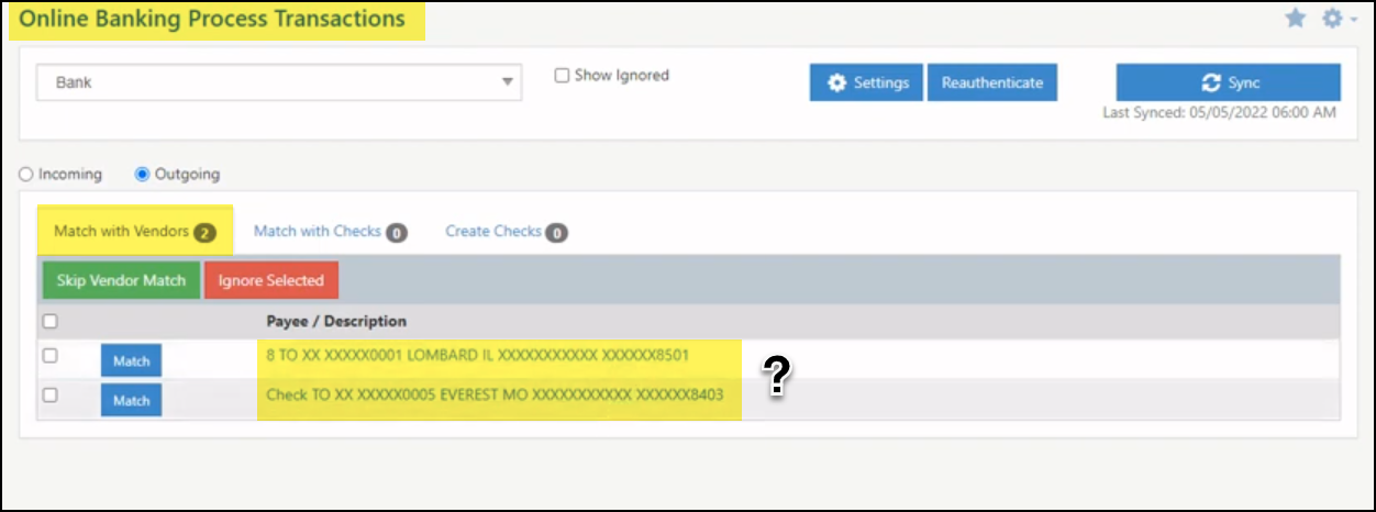 Unidentified Vendor for Online Banking Transaction