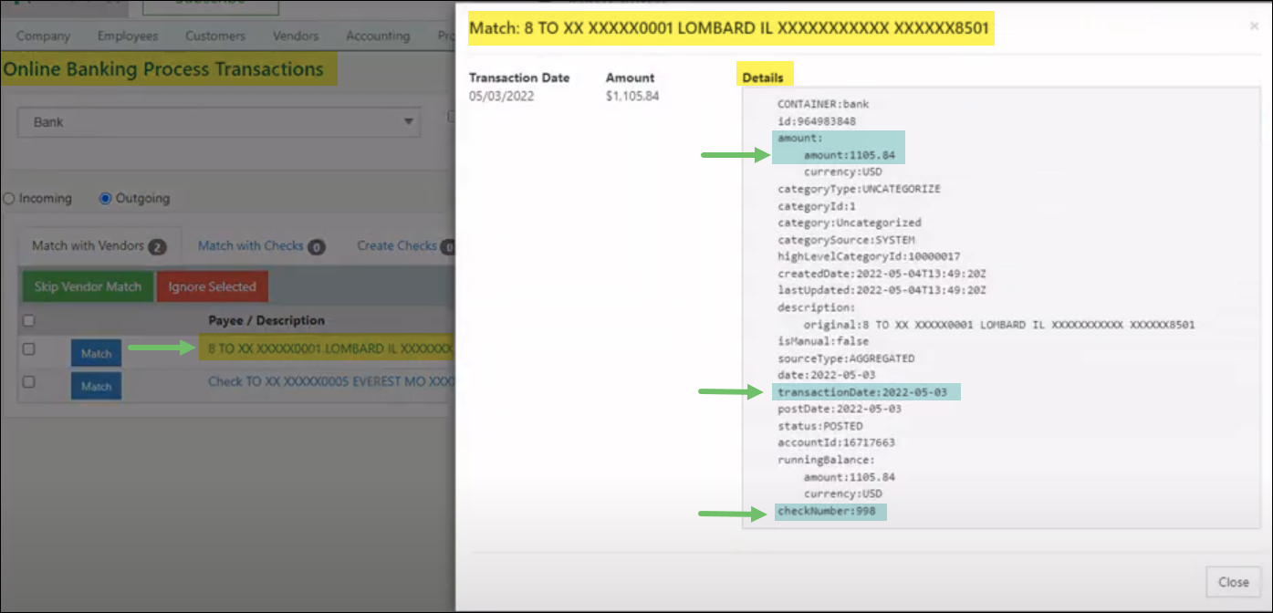 Transaction Details from Online Banking Transaction