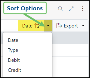 Postings Report sorting options: Date, Type, Debit, Credit