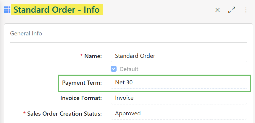 Image of a Sales Order type configured with a Net 30 payment term
