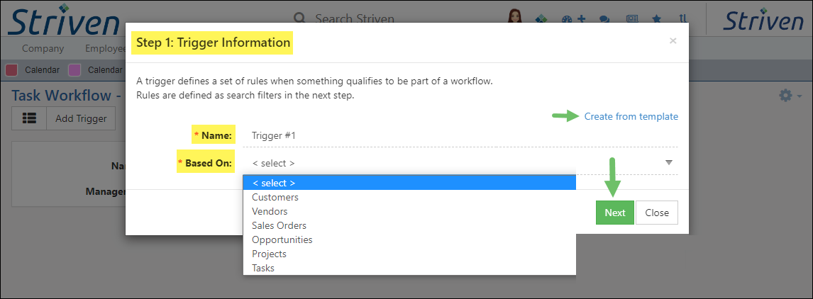 Trigger Setup options for Step 1 of Trigger creation