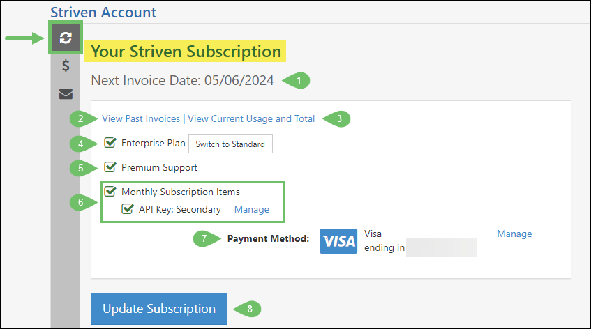 Striven Account settings page showing subscription details for plan, monthly subscriptions for API keys, and premium support