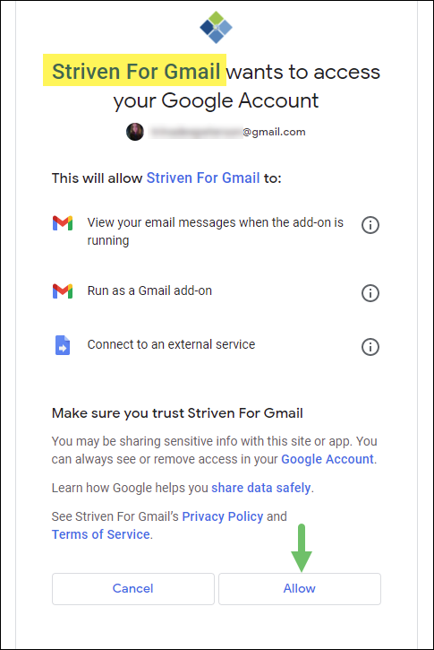 Access Request for Striven For Gmail to Google Account