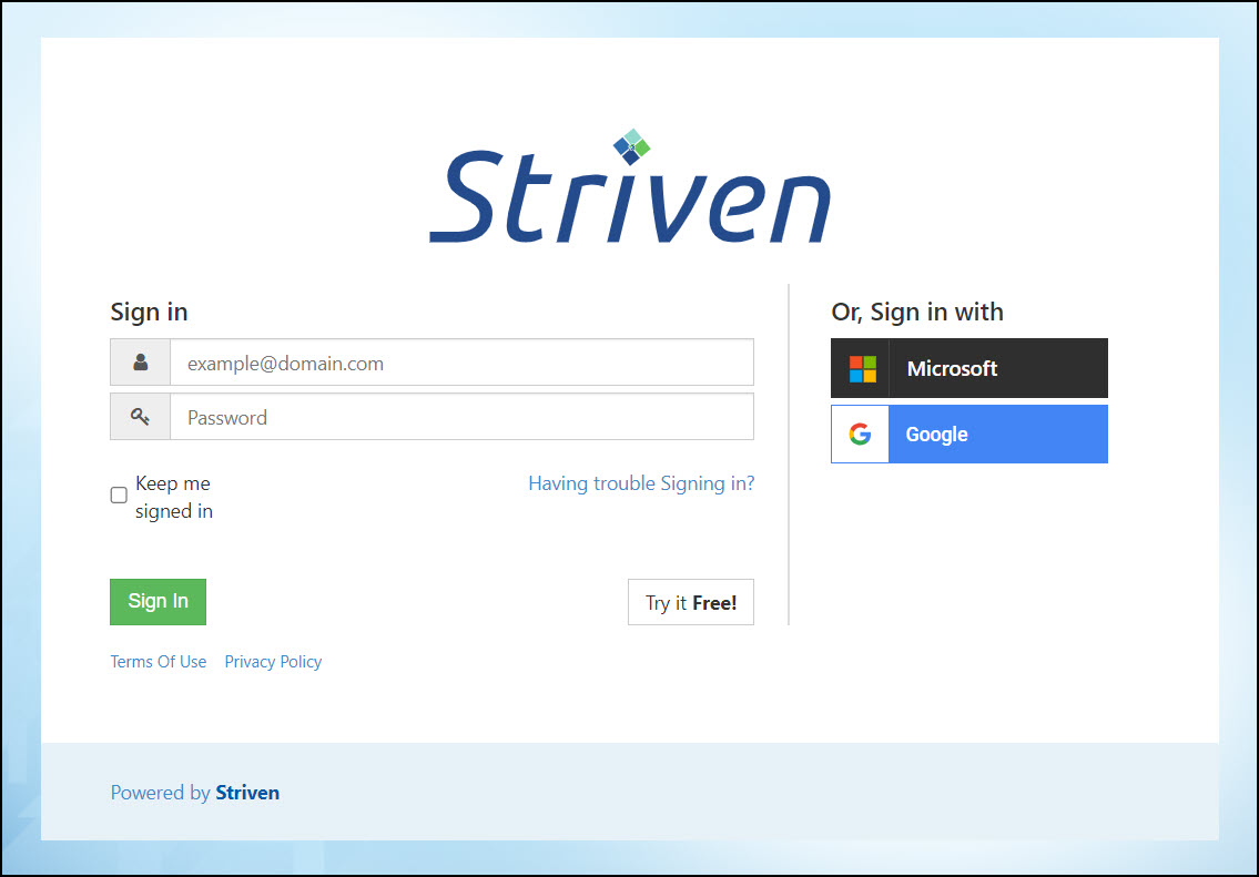 image of the Striven sign on screen displaying the Sign on options for Striven users