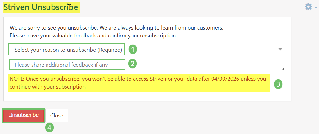 Example of the Striven Unsubscribe page