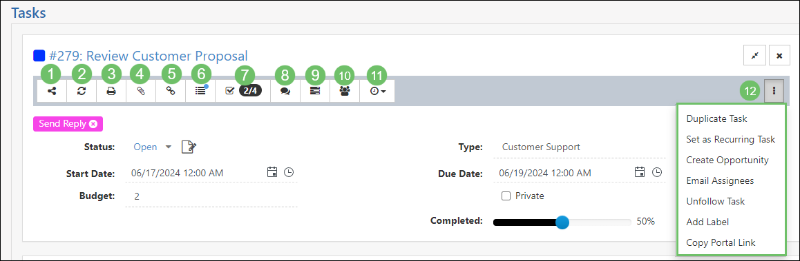 Task Action Options including Share, Refresh, Print, Attachments, Linked To, Audit Log, Checklist, Discussions, Recent Orders & Tasks, View Log, Add Time/Clock In, and Options menu