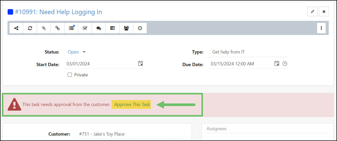 Example of a Task Requiring Approval within Striven
