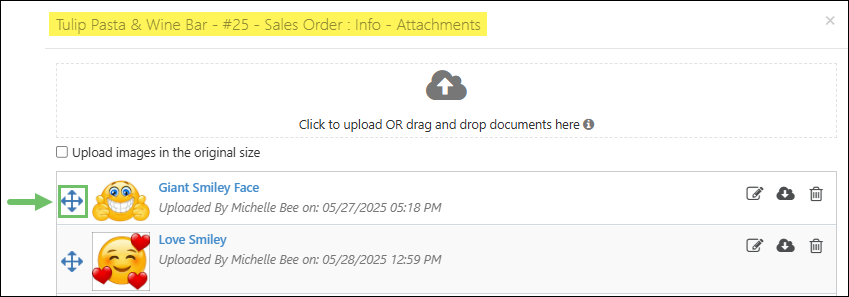 Example of the Move Arrow icon on a Sales Order Attachment