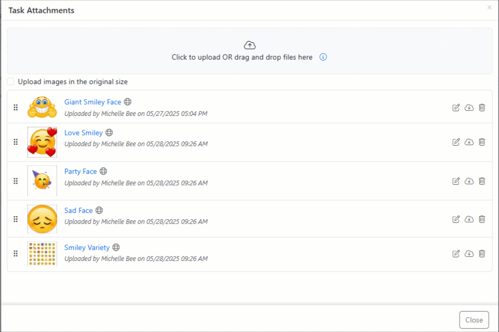Animated gif showing how to drag/drop a Task Attachment to reorder it in the list