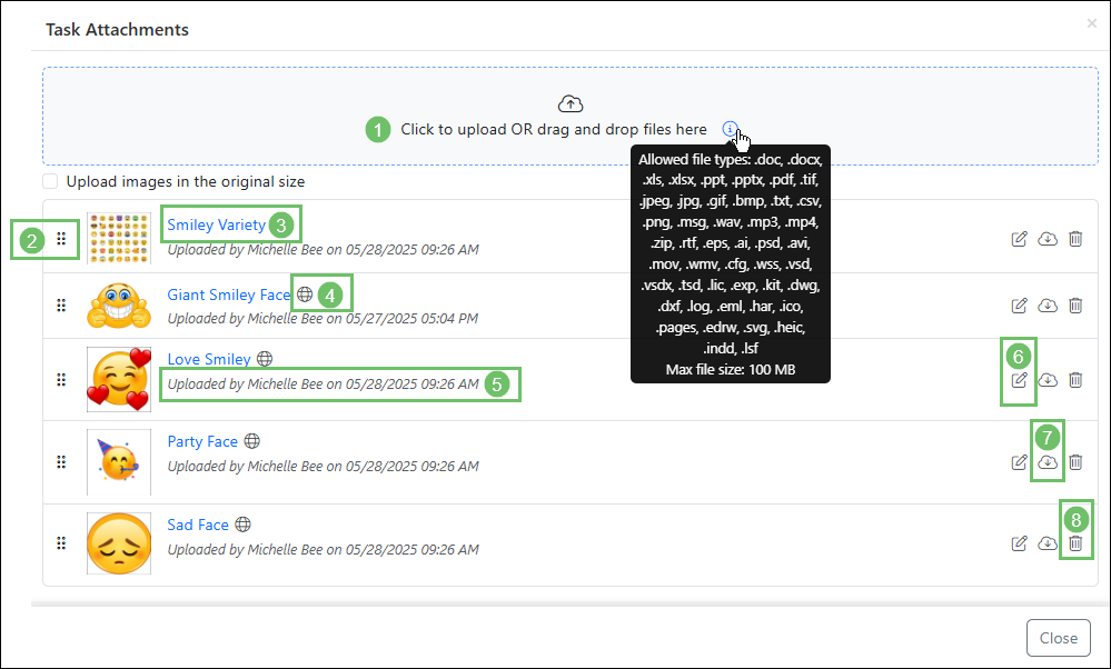 Task Attachments popup window showing the upload option, reorder option, the file names, upload details, edit, download and remove options
