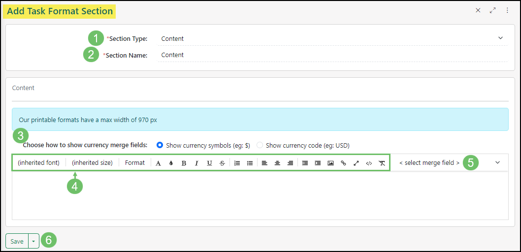 Add Task Format Section options including Section Type, Section Name, editing options, merge fields, and save options.