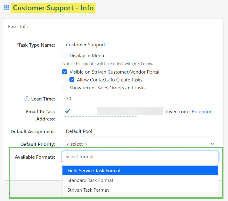 Task Type Info settings showing the Available Formats