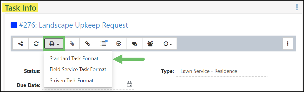 Print Options displayed on the drop-down list for the Print button on a Task