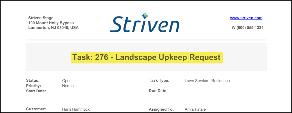 Sample Printable Format for Tasks showing a header, logo, and Task details