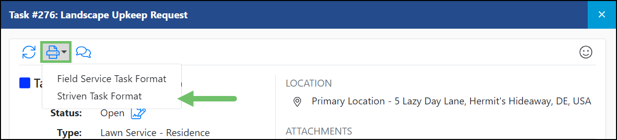 Print button on a Task within the Customer/Vendor Portal showing available Print Format options