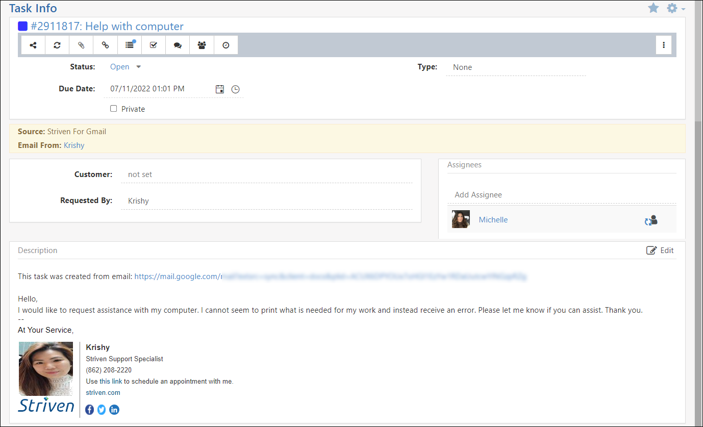 Task Info within Striven after Creating from an Email
