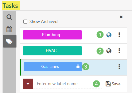 Options available on the Task Label list including making visible on portal, private labels and adding new labels