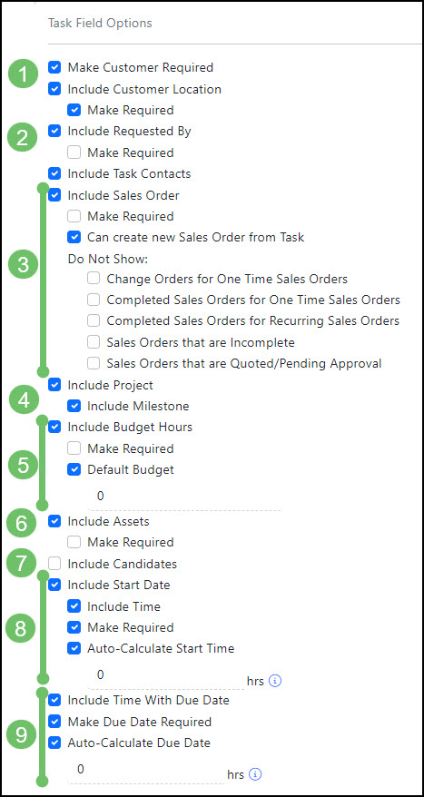 Image of the Task Field options when creating a Task Type