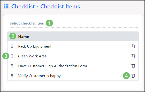 Example of Checklist Items added to a Task Type in Striven