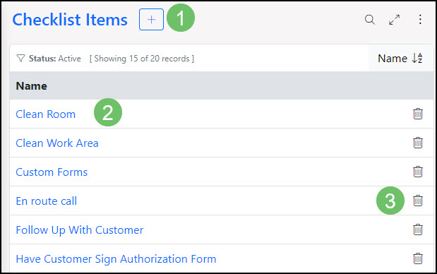 Example of the Checklist Items List page within Task Setup