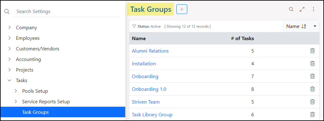 Image of the Task Group list within Striven