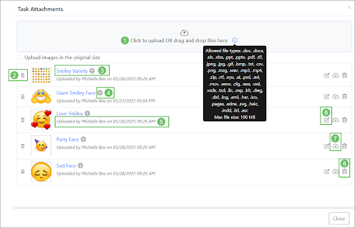 Task Attachments popup window showing the upload option, reorder option, the file names, upload details, edit, download and remove options
