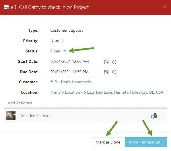 Task Quick View including type, priority, status, start date, due date, customer, location and assignee