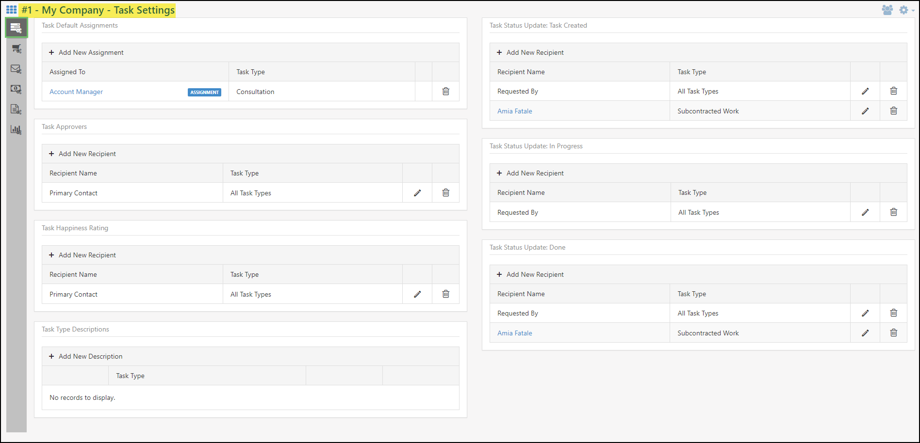 Image of the Task Settings page within a Customer Account