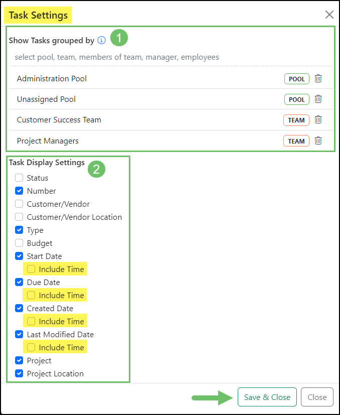 Task Settings popup with options for Task Grouping and Task Detail display