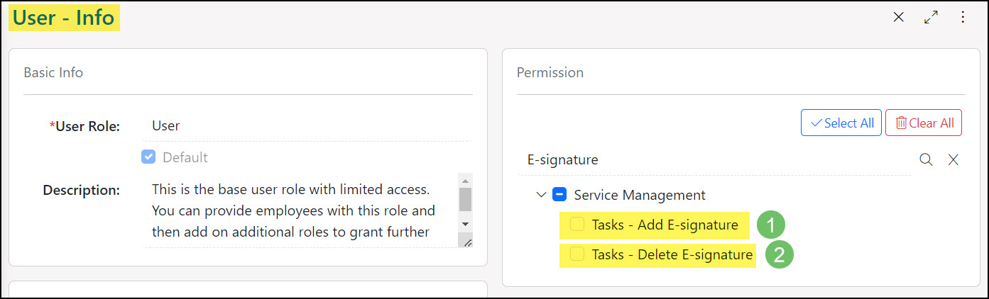 Image of the User Role Permissions required to Capture E-signatures on Tasks