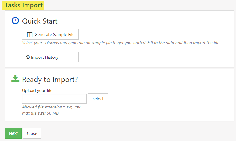 Tasks Import Tool with Quick Start and file upload options