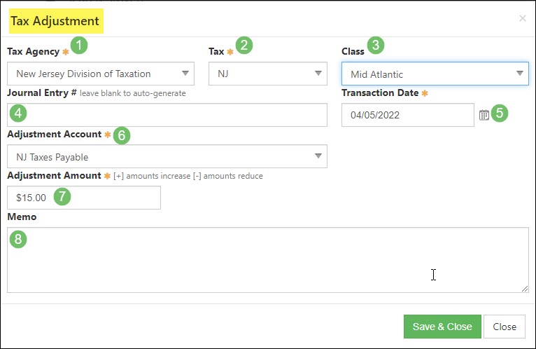 Example of Sales Tax Adjustment popup