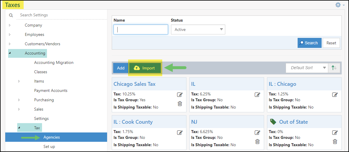 Tax Agencies List Page showing the import option for Tax Codes