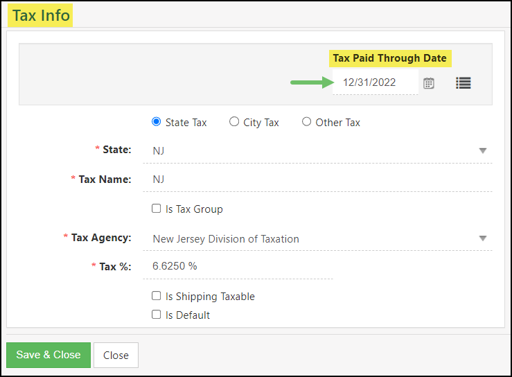 Tax Info Popup showing the Tax Paid Through Date Setting