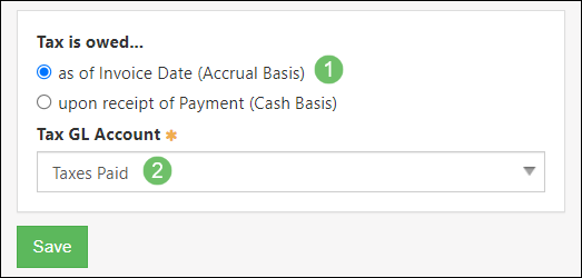 Tax Setup settings for accrual or cash basis and selection of Tax GL Account